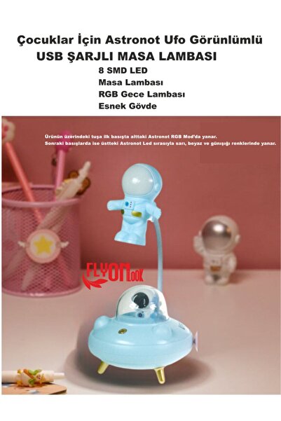 FLYONLOOK Çocuklar İçin Astronot Ufo Görünlümlü Şarjlı Masa Lambası 3 Fafklı ...