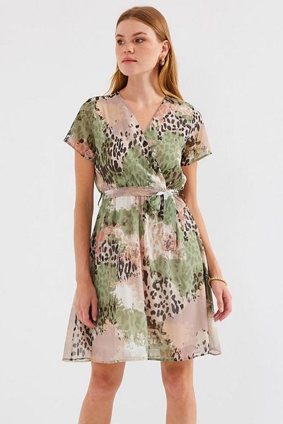 MRA Fashion 2502 Short Sleeve Print Chiffon Dress - Çağla