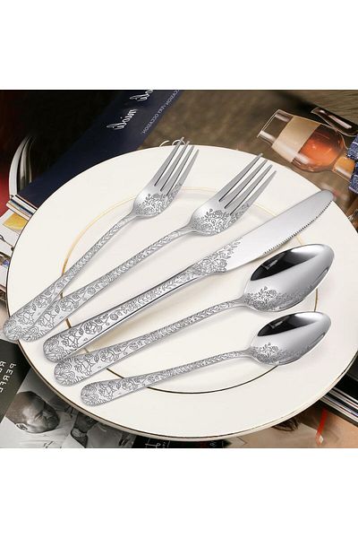 COOYA Silverware Set, Stainless Steel with Engraved Flower Embossed Design Cutlery for Festival Parties