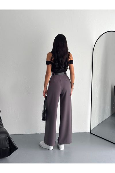 Winmoda34 Women's Belt Detail Wide Leg Wide Cut Baggy Fabric Pants