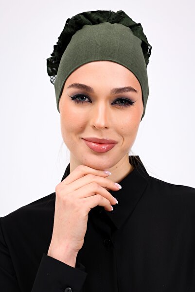 Loggia Ruffled Seamless Combed Cotton Bonnet Khaki Green - Women's Hijab Tie-Up Bun Inner Bonnet