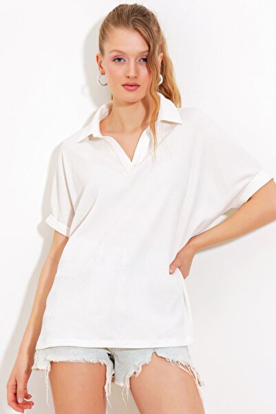 JANES Λευκή oversized μπλούζα με γιακά πόλο και φαρδιά γραμμή 0486