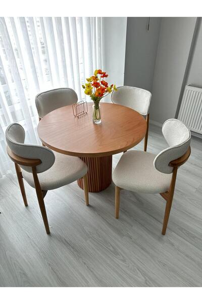 holzwelt Yuvarlak Ahşap Masa Takımı Bohem 4 Kişilik Mutfak Masa Sandalye Takı...