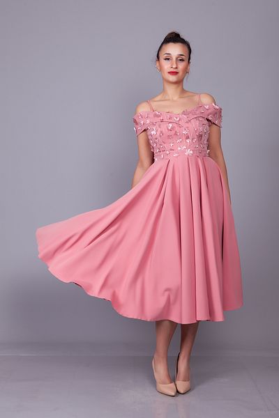 NO48 Dusty Rose Floral Λεπτομέρεια από τούλι με λουράκια ώμου Μίντι βραδινό φόρεμα με λαιμόκοψη