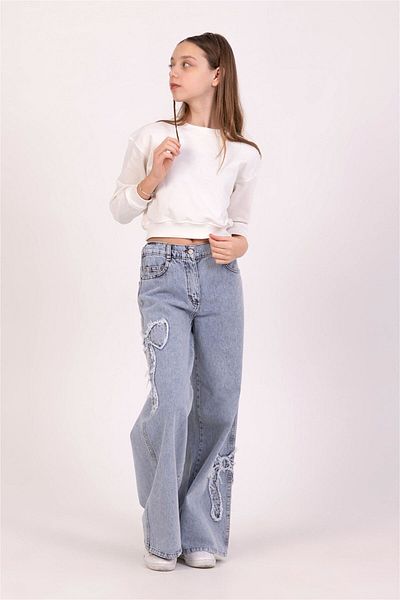 Dmb Girl's Bow Printed Denim Trousers Blue M9826