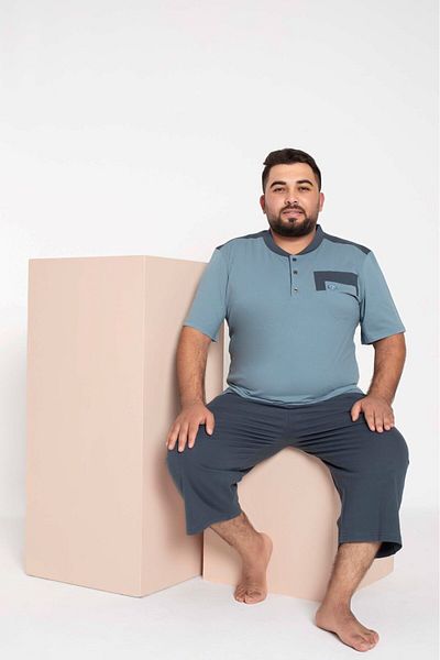 bie's Male Blue Big Size Bermuda Pajamas Set 3 Buttons %100 Cotton