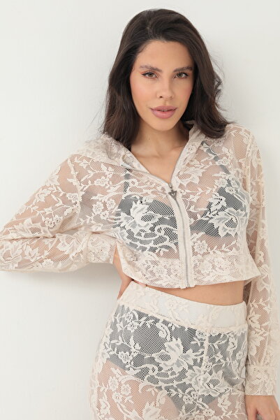 BY PAPI Hooded Lace Suit Beach Dress - Bone Ecru Color