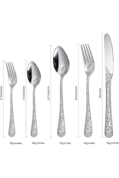 COOYA Silverware Set, 5 Flatware Stainless Steel, With Delicate Engraved Rose Flower Embossed Design