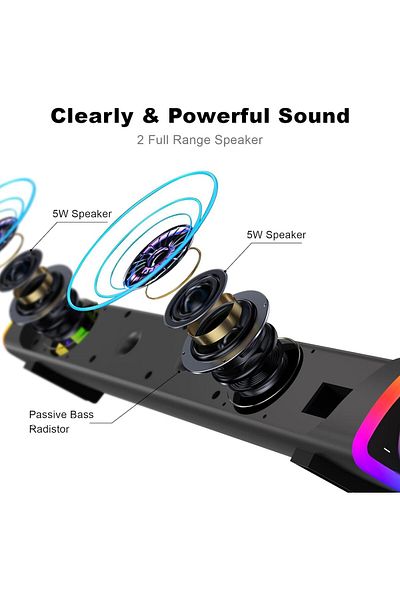COOYA Black Computer Speakers, Wired USB, 6 Modes LED RGB Lights, Portable, for PC Desktop Monitor