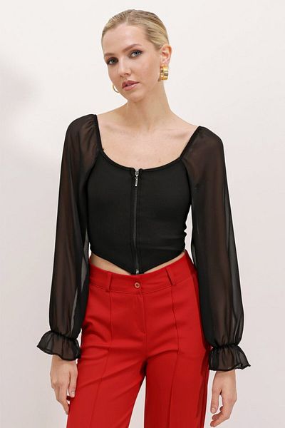 Kokosh moda Μαύρη μπλούζα σιφόν με φερμουάρ μπροστά 0496