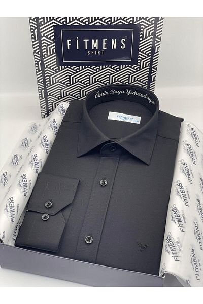 Fitmens Black Slim Fit Embroidered Men's Shirt - Long Sleeve, Longevity Neckline, Gift Boxed Fs- 001376