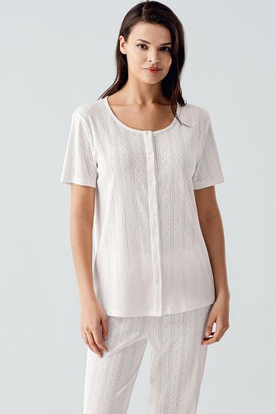 Artış Short Sleeve Openwork Buttoned Stretchy Cotton Pajama Suit