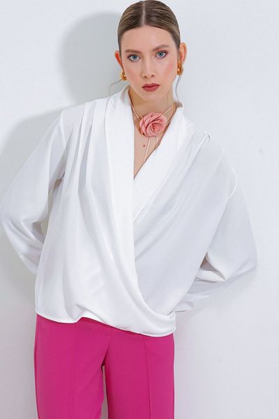 COTTONLAB White Double Breasted Collar Draped Satin Blouse 0492