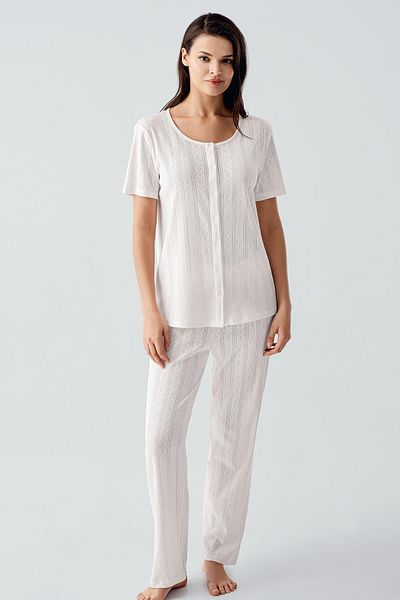 Artış Short Sleeve Openwork Buttoned Stretchy Cotton Pajama Suit
