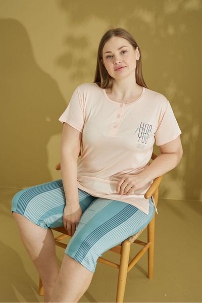 bie's Women's 3 Button down Cycling Pajama Set Plus Size Short Sleeve Capri