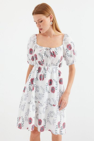 JANES 2508 Model Patterned Ecru Mini Flared Dress