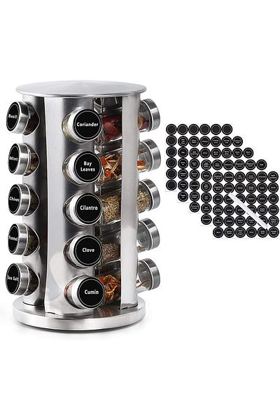 COOYA Revolving Spice Rack with 20 Jars, with Labels, Stainless Steel, for Kitchen