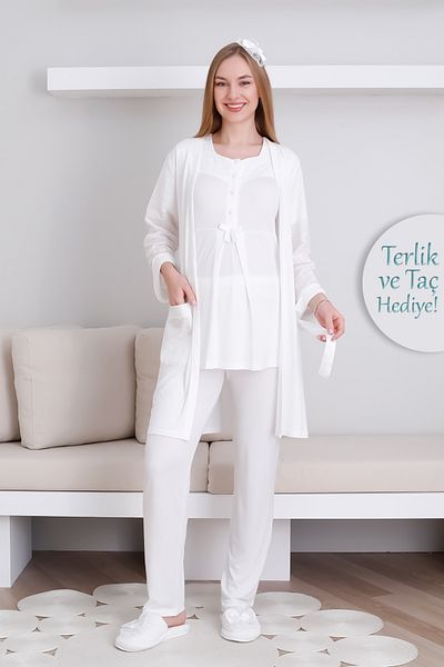 ERDENİZ TEKSTİL Maternity Dressing Gown and Pajama Set/ Dressing Gown with Pockets and Buttoned Front Pajama Set/ Slippers and Crown Gift