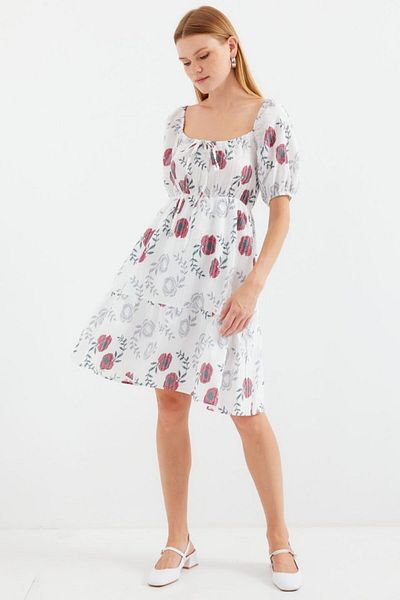 JANES 2508 Model Patterned Ecru Mini Flared Dress