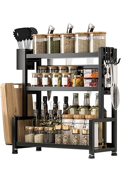 COOYA Spice Rack Shelf Kitchen Organizer 3-Tier, Large Metal Storage Countertop Shelf with Hooks