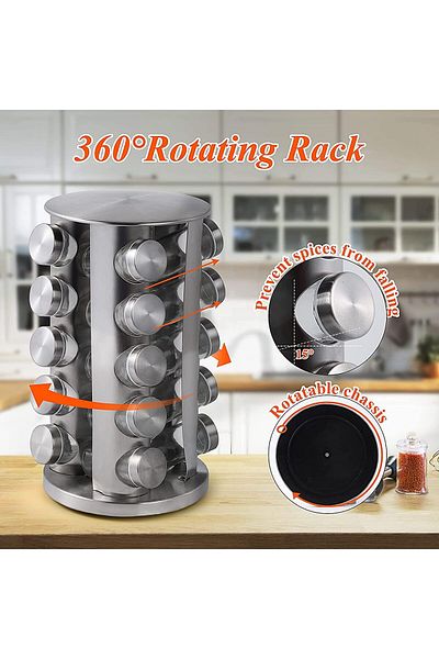 COOYA Revolving Spice Rack with 20 Jars, with Labels, Stainless Steel, for Kitchen
