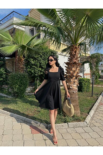 Sunlit Collections Kadın Siyah Düz Renk Arka Fermuarlı Büzgülü Kollu Kare Yak...