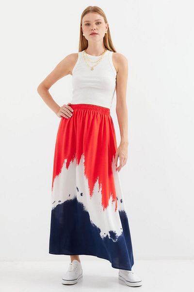 TUA MODA Tua Moda 8025 Patterned Long Viscose Skirt - Red
