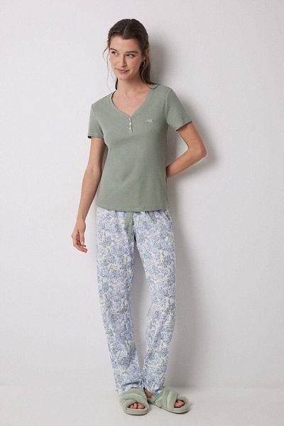 Women'secret 100% cotton ribbed green flower pajamas
