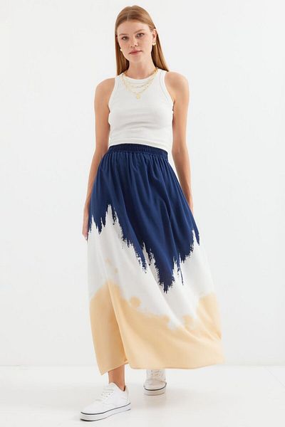 TUA MODA Tua Moda 8025 Patterned Long Viscose Skirt - Navy Blue