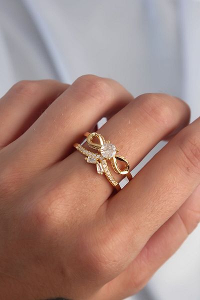 Skygo Brass Adjustable Gold Color Zircon Stone 2-Piece Appearance Bow Ring - Tj-Byk3287