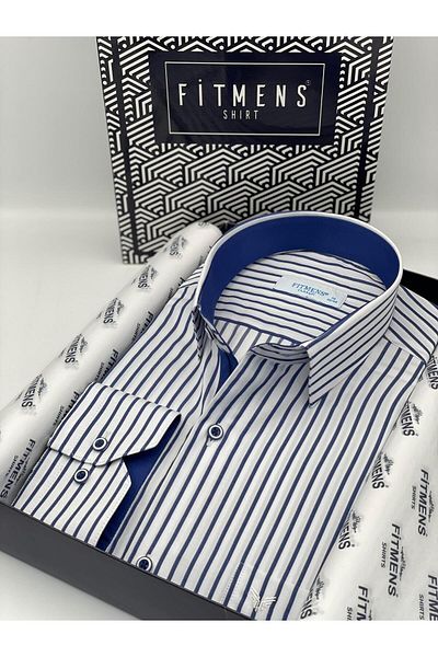 Fitmens Classic Long Sleeve Thick Striped Men's Shirt with Gift Box Fs- 001260   - White Saks Blue