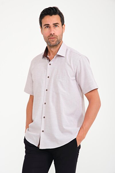 Fitmens Classic Short Sleeve V Flam Linen Gift Boxed Men's Shirt Fs-001217 - Brown