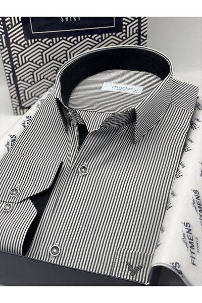 Fitmens Classic Long Sleeve Thin Striped Men's Shirt with Pockets Gift Box Fs- 003317   - White Black
