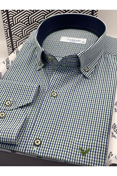 Fitmens Klasik Uzun Kol Yaka Düğmeli Pöti Kareli Hediye Kutulu Erkek Gömlek FS-003774 - Yeşil