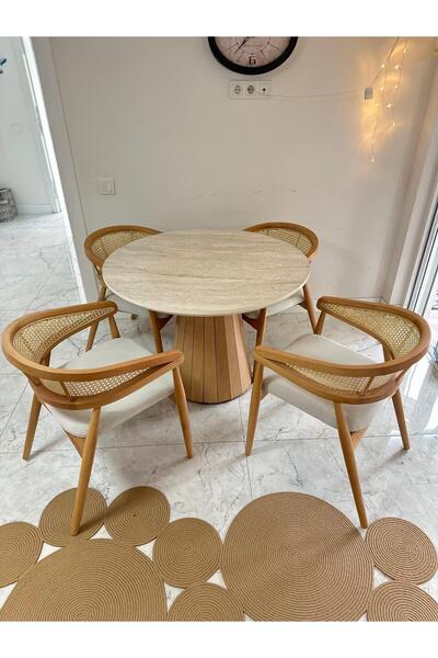 holzwelt Yuvarlak Ahşap Masa Takımı Bohem 4 Kişilik Mutfak Masa Sandalye Takımı İskandinav