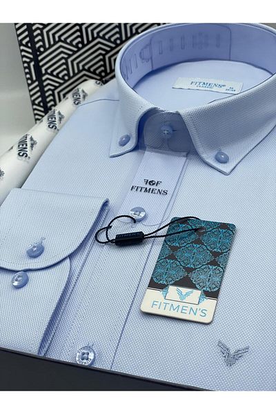Fitmens Classic Long Sleeve Lapel Button Oxford Men's Shirt with Gift Box Fs- 003571   - Light Blue