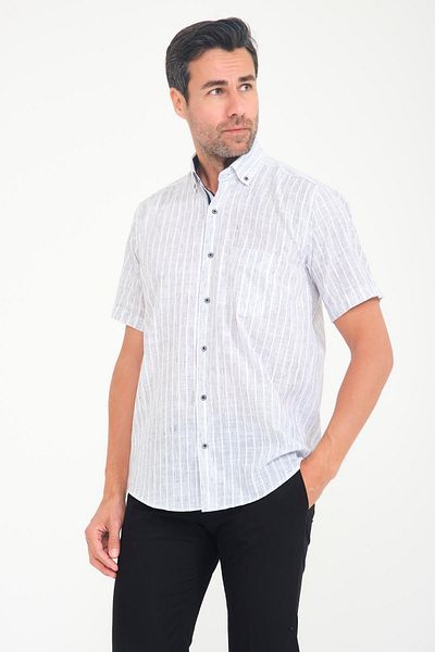 Fitmens White L Short Sleeve Striped Flam Linen Men's Shirt - Buttoned Collar, Gift Boxed Fs- 000678
