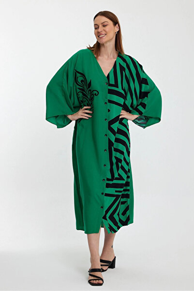 Denismoda VP1016 Φόρεμα πουκάμισο με αυθεντικό σχέδιο σε μεγάλο μέγεθος ΠΡΑΣΙΝΟ