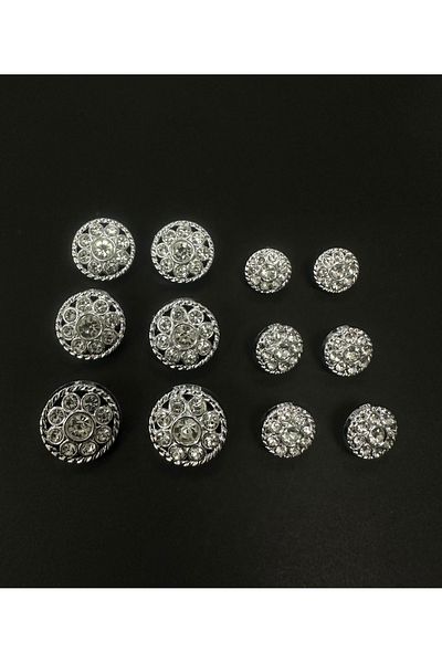T.T Silver Twisted Stone Metalized Plastic Button 12 Pieces (6 Large-6 Small)