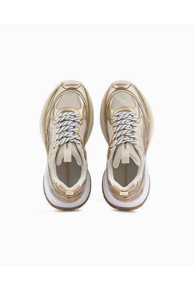 Emporio Armani Women's Thick Sole Stripe Line Patterned Colorful Lacing Gold Sneaker X3X238 Xr388-00194