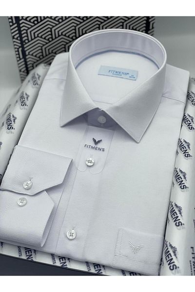 Fitmens Classic Long Sleeve Oxford Gift Boxed Easy Iron-On Men's Shirt Fs- 001254   - White Blue
