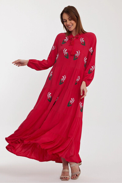 Denismoda VP926 Κέντημα Λεπτομερές Δικαστής Γιακάς Μακρύ Φόρεμα Βισκόζης ΡΟΖ