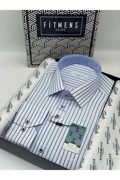Fitmens Classic Long Sleeve Thick Striped Men's Shirt with Gift Box Fs- 001260   - White Light Blue