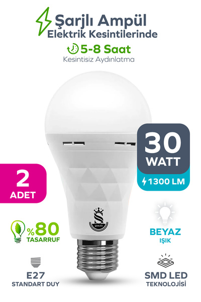 ŞANLED Şarjlı Akülü 30w Beyaz Işık Led Ampul-1-2-4-5-8-10 Adet
