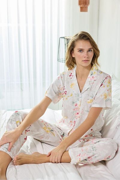 seamlife Women's Front Buttoned Shirt Collar Cotton Satin Woven Chest Pocket Short Sleeve Pajama Set