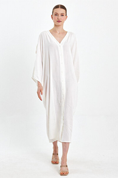 Denismoda VP8183 Κέντημα Dty Φόρεμα πουκάμισο με ανοιχτό ώμο σε τυπικό μέγεθος ΛΕΥΚΟ