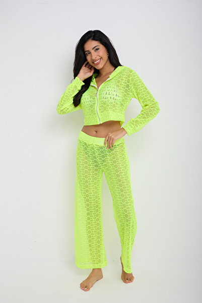BY PAPI Hooded Suit Lace Pattern Beach Dress - Neon Green Color