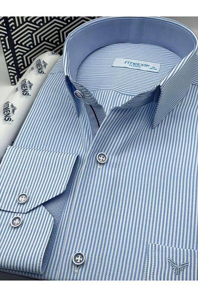 Fitmens Classic Long Sleeve Thin Striped Men's Shirt with Pockets Gift Box Fs- 003317   - White Light Blue