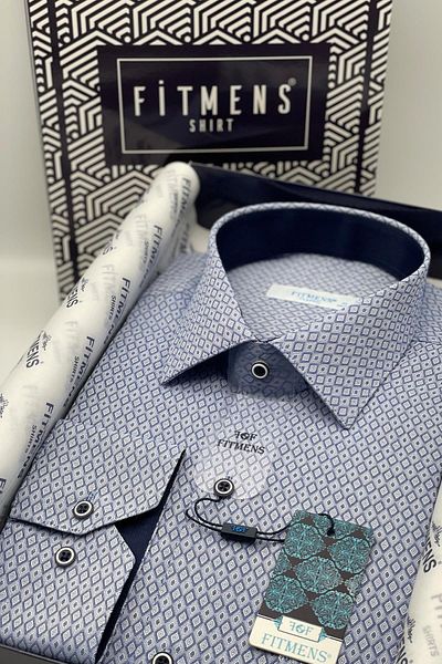Fitmens Classic Long Sleeve Diamond Pattern Jacquard Men's Shirt with Gift Box Fs- 001366   - Saks Blue