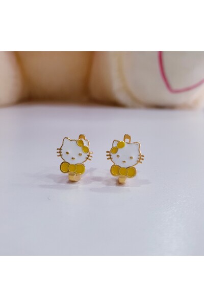 MAGRİB 22 ayar altın kaplama mineli klipsli sarı tokalı sevimli kedi model gümüş çocuk küpesi